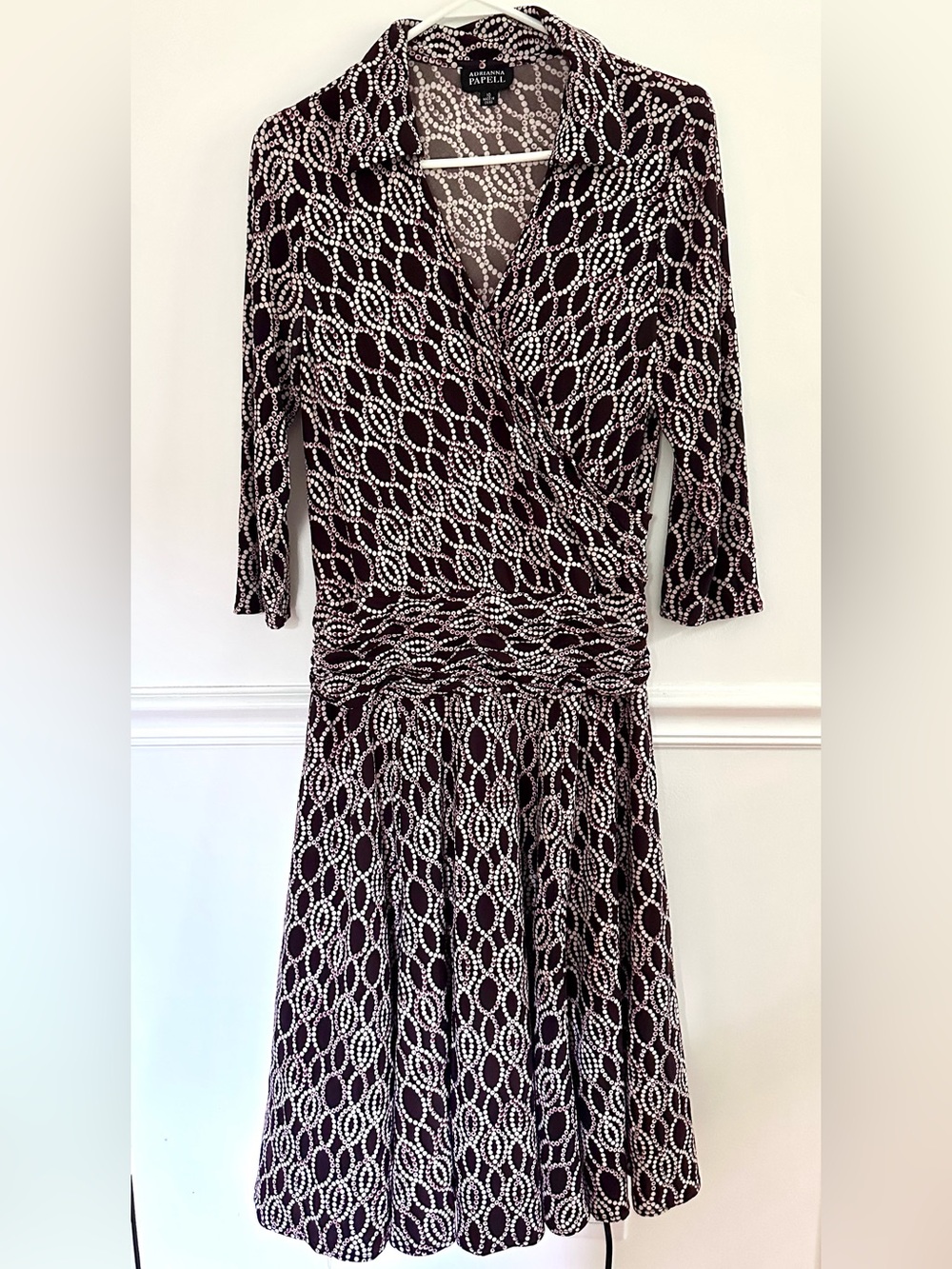 Adrianna Papell Dress Size 10 Faux Wrap Collared Geometric Print Jersey Midi